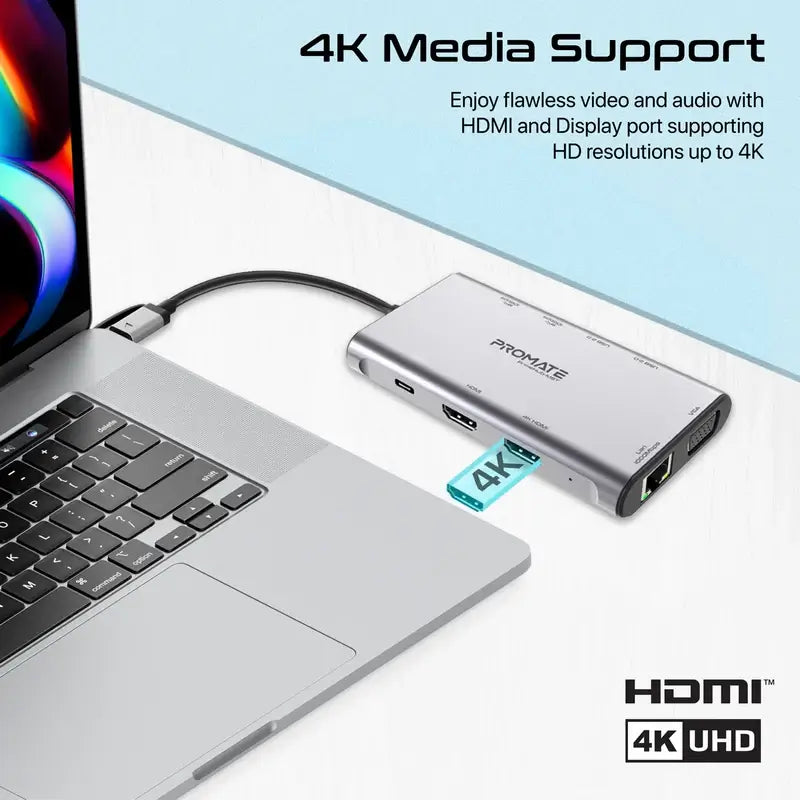 Promate PrimeHub-MST USB-C Hub, 9-in-1 4K Multi-Display Aluminum Hub with Dual HDMI, 1080p VGA Port, 1000Mbps LAN, 20W USB-C Power Delivery, USB 3.0 and USB 2.0 Ports for MacBook Pro