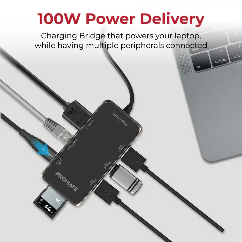 Promate PrimeHub-Mini 8-in-1 USB C Hub, Multi USB Port Type C Hub Adapter with 100W USB-C Power Delivery Port, 4K HDMI, TF/SD Card Slot, RJ45 Port and 3 USB 3.0 Sync Charge Ports for MacBook Pro, XPS
