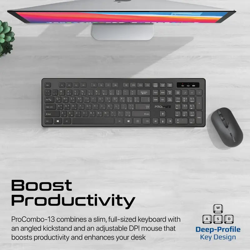 ProCombo-13 Promate Wireless Keyboard and Mouse Combo, Slim Full-Size 2.4Ghz Wireless Keyboard with 1600 DPI, Nano USB Receiver, Quiet Keys, Angled Kickstand for iMac, MacBook Air, ASUS