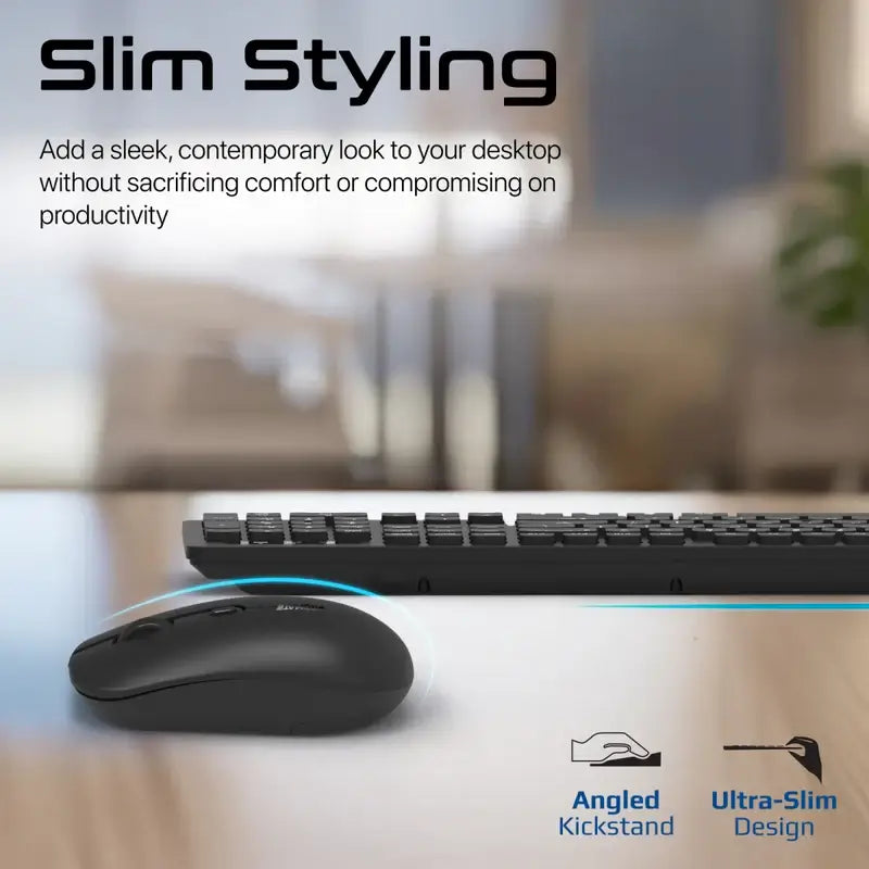ProCombo-13 Promate Wireless Keyboard and Mouse Combo, Slim Full-Size 2.4Ghz Wireless Keyboard with 1600 DPI, Nano USB Receiver, Quiet Keys, Angled Kickstand for iMac, MacBook Air, ASUS