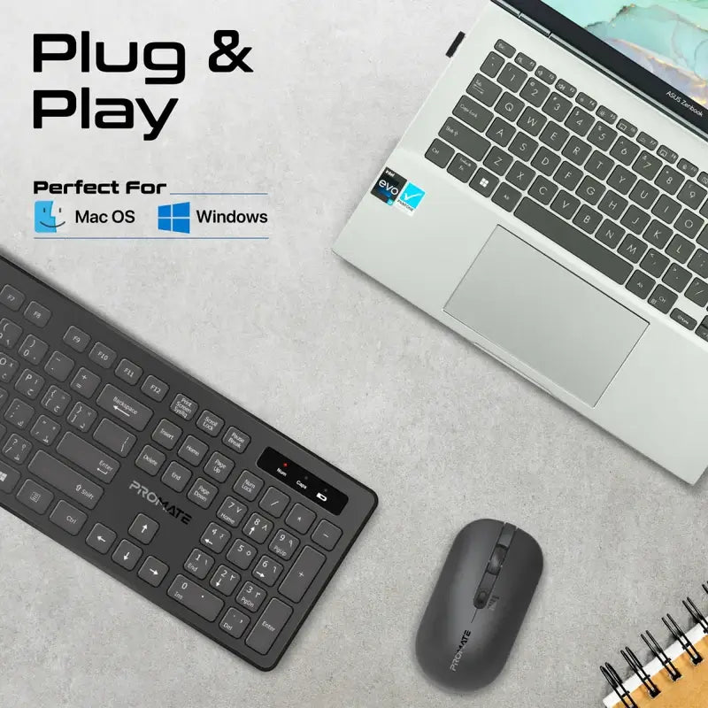 ProCombo-13 Promate Wireless Keyboard and Mouse Combo, Slim Full-Size 2.4Ghz Wireless Keyboard with 1600 DPI, Nano USB Receiver, Quiet Keys, Angled Kickstand for iMac, MacBook Air, ASUS