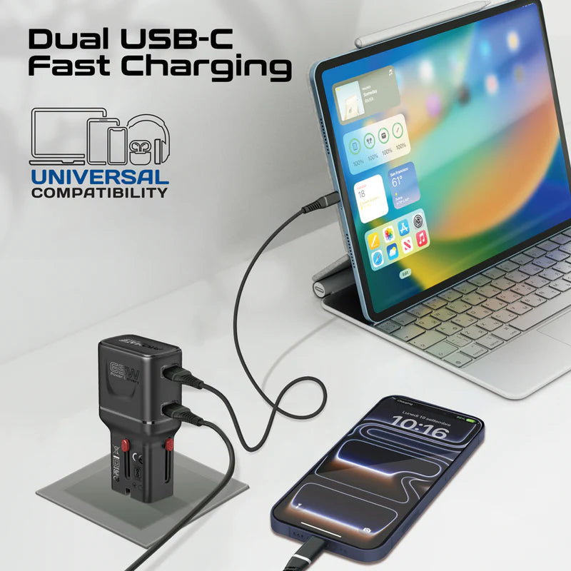 Promate TriPlug-65PD 65W GaNFast Travel Charger, Dual USB-C PD with PPS, Compact Multi-Port Adapter with 45W+20W Split Charging, Slide-Out US/UK/EU/AU Plugs, Universal Laptop & Smartphone Fast Charging