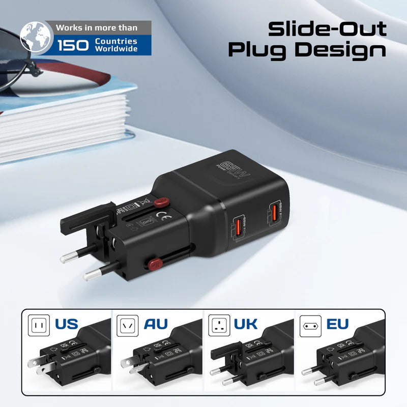 Promate TriPlug-65PD 65W GaNFast Travel Charger, Dual USB-C PD with PPS, Compact Multi-Port Adapter with 45W+20W Split Charging, Slide-Out US/UK/EU/AU Plugs, Universal Laptop & Smartphone Fast Charging