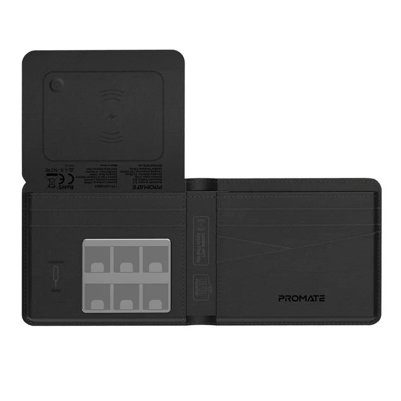 Promate ProWallet Anti-Loss Leather Wallet with Apple Find My, Wireless Charging, RFID Protection, Built-in Speaker, Bluetooth 5.2, Slim Design, SIM/MicroSD Slots, 6 Month Battery Life