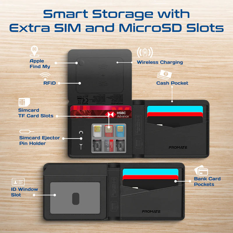 Promate ProWallet Anti-Loss Leather Wallet with Apple Find My, Wireless Charging, RFID Protection, Built-in Speaker, Bluetooth 5.2, Slim Design, SIM/MicroSD Slots, 6 Month Battery Life