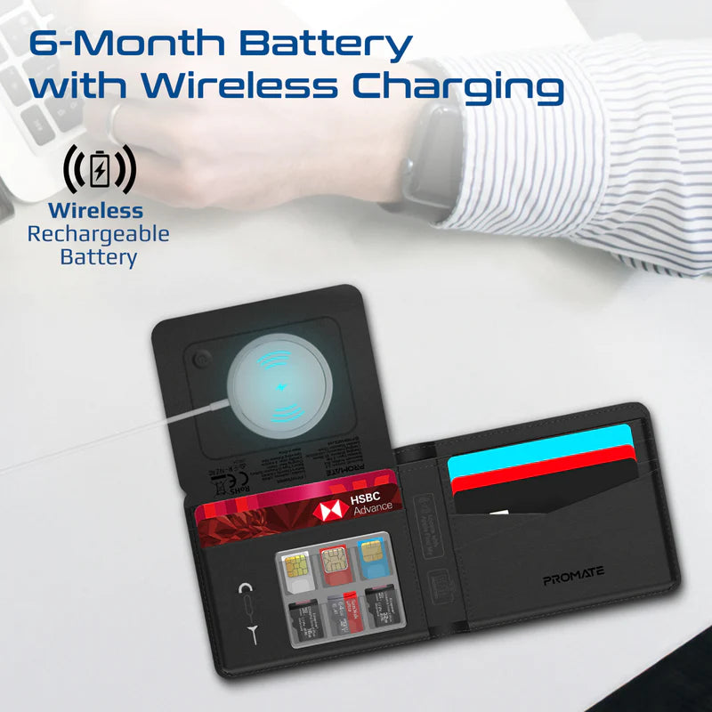 Promate ProWallet Anti-Loss Leather Wallet with Apple Find My, Wireless Charging, RFID Protection, Built-in Speaker, Bluetooth 5.2, Slim Design, SIM/MicroSD Slots, 6 Month Battery Life