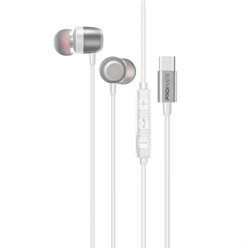 Silken-ENC Promate High-Fidelity USB-C Earphones with ENC Mic, Inline Controls, Durable Metal Housing for Crystal-Clear Calls, 1.2m TPE Cable and Universal Compatibility