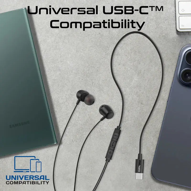 Silken-ENC Promate High-Fidelity USB-C Earphones with ENC Mic, Inline Controls, Durable Metal Housing for Crystal-Clear Calls, 1.2m TPE Cable and Universal Compatibility