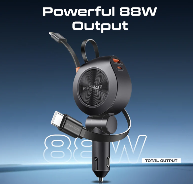 Drivegear-R2, Multi-Port Car Charger with Retractable PD30W USB-C and PD20W Lightning Cables, 20W USB-C, 18W Quick Charge Ports, Heat Resistance, Surge Protection, 180° Rotatable Body Design