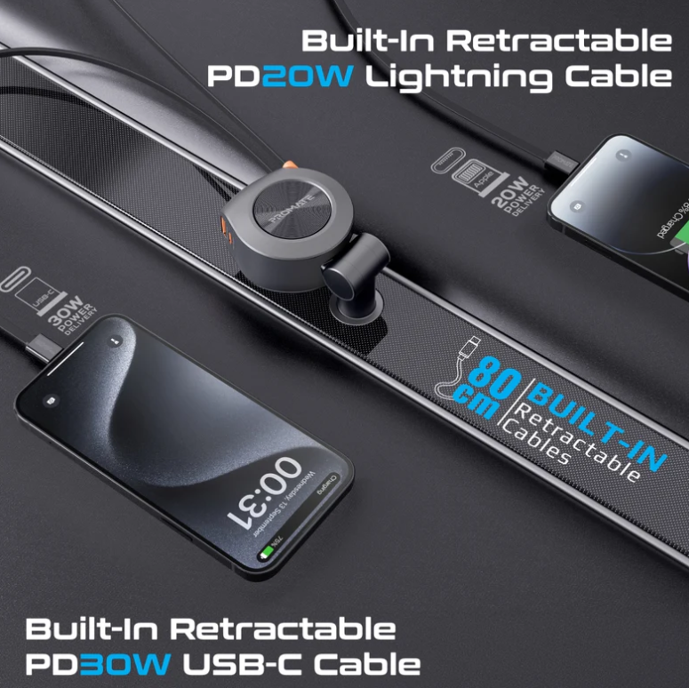 Drivegear-R2, Multi-Port Car Charger with Retractable PD30W USB-C and PD20W Lightning Cables, 20W USB-C, 18W Quick Charge Ports, Heat Resistance, Surge Protection, 180° Rotatable Body Design