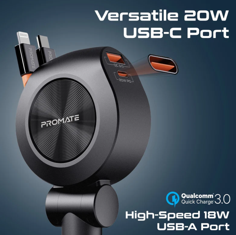 Drivegear-R2, Multi-Port Car Charger with Retractable PD30W USB-C and PD20W Lightning Cables, 20W USB-C, 18W Quick Charge Ports, Heat Resistance, Surge Protection, 180° Rotatable Body Design
