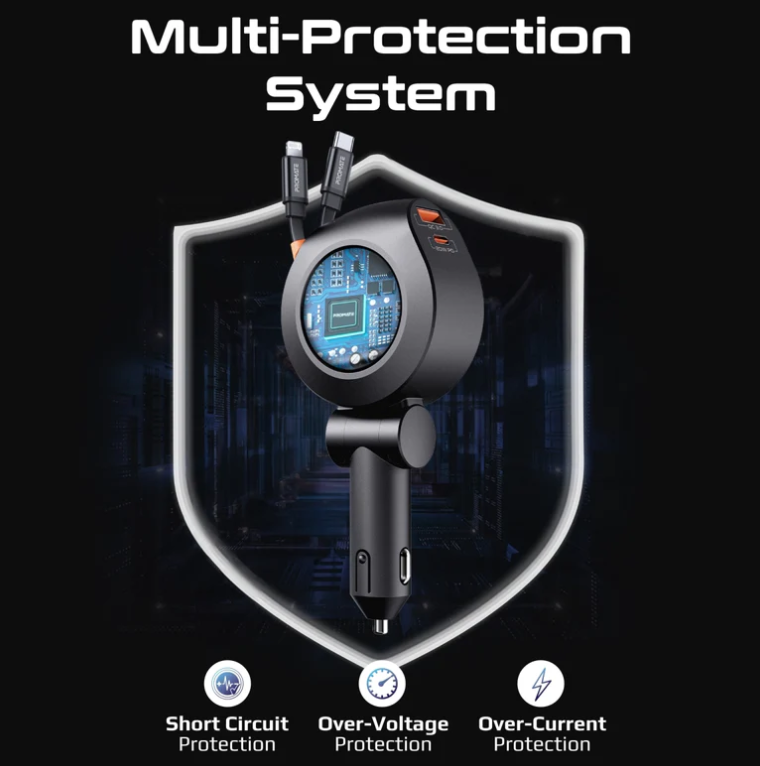 Drivegear-R2, Multi-Port Car Charger with Retractable PD30W USB-C and PD20W Lightning Cables, 20W USB-C, 18W Quick Charge Ports, Heat Resistance, Surge Protection, 180° Rotatable Body Design