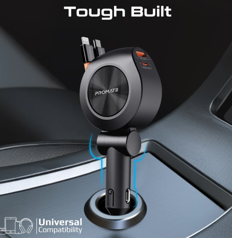 Drivegear-R2, Multi-Port Car Charger with Retractable PD30W USB-C and PD20W Lightning Cables, 20W USB-C, 18W Quick Charge Ports, Heat Resistance, Surge Protection, 180° Rotatable Body Design