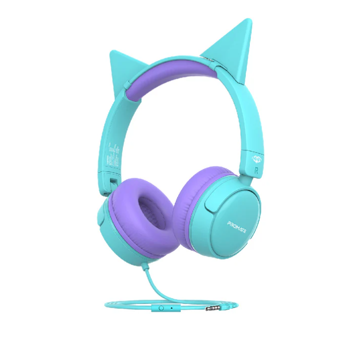 Jewel, Kids Headphones, HD Stereo On-Ear Wired Headset with Safe Volume Limited 85dB to 95dB, Detachable Cat Ears, AUX Share-Port, Foldable Headband and Built-In Mic