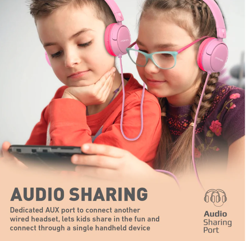 Jewel, Kids Headphones, HD Stereo On-Ear Wired Headset with Safe Volume Limited 85dB to 95dB, Detachable Cat Ears, AUX Share-Port, Foldable Headband and Built-In Mic