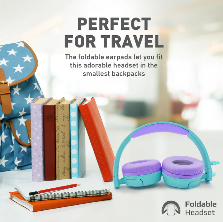 Jewel, Kids Headphones, HD Stereo On-Ear Wired Headset with Safe Volume Limited 85dB to 95dB, Detachable Cat Ears, AUX Share-Port, Foldable Headband and Built-In Mic