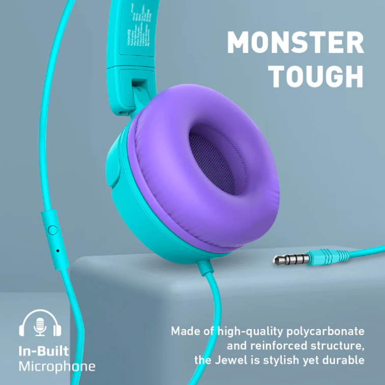 Jewel, Kids Headphones, HD Stereo On-Ear Wired Headset with Safe Volume Limited 85dB to 95dB, Detachable Cat Ears, AUX Share-Port, Foldable Headband and Built-In Mic