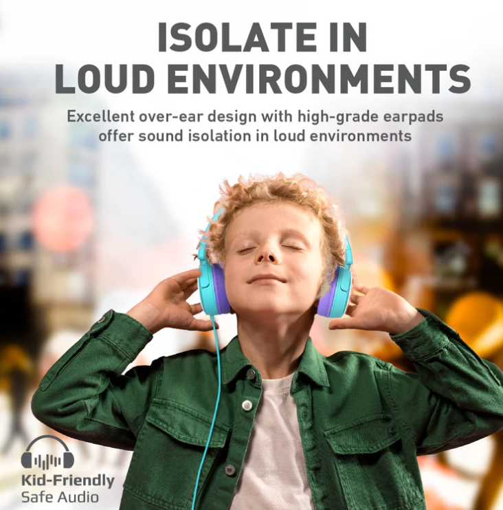 Jewel, Kids Headphones, HD Stereo On-Ear Wired Headset with Safe Volume Limited 85dB to 95dB, Detachable Cat Ears, AUX Share-Port, Foldable Headband and Built-In Mic