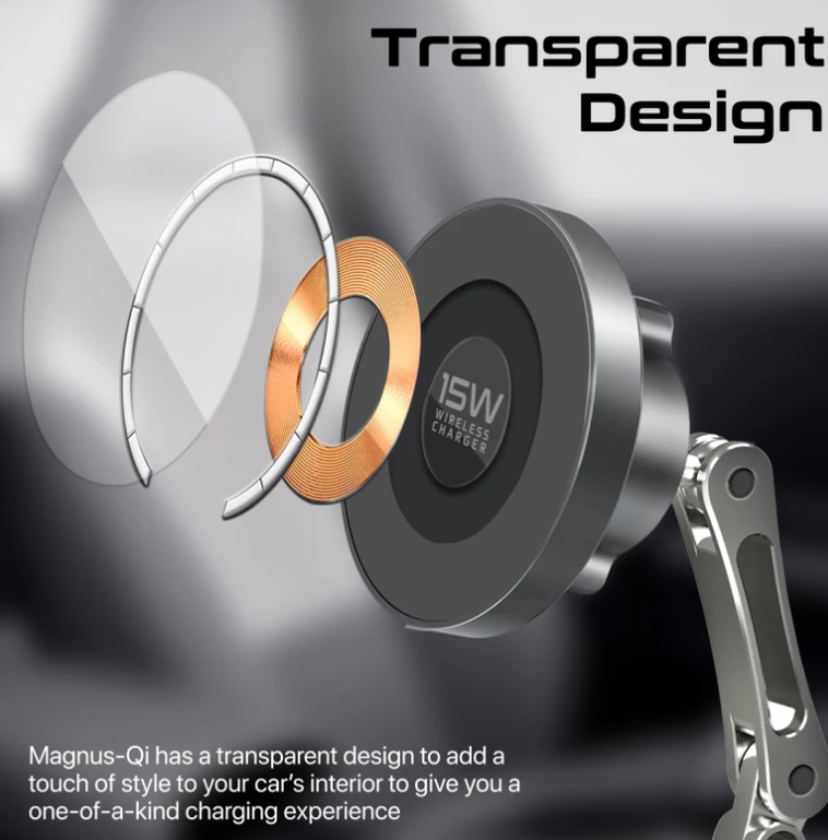 Magnus-Qi,  Magnetic Wireless Car Charger, Ultra-Fast MagSafe Charger with 15W Output, Triaxial Height Adjustment, 360 Degree Rotation and Cradleless Design for iPhone