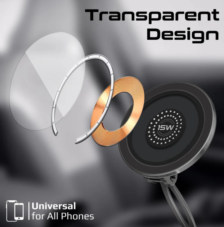 Magnus2 - QI, Magnetic Wireless Car Charger, Ultra-Fast MagSafe Transparent Charger with 15W Output, Height Adjustment, 360 Degree Rotation, and Cradleless Design for iPhone