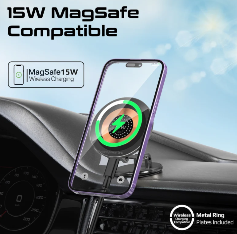 Magnus2 - QI, Magnetic Wireless Car Charger, Ultra-Fast MagSafe Transparent Charger with 15W Output, Height Adjustment, 360 Degree Rotation, and Cradleless Design for iPhone