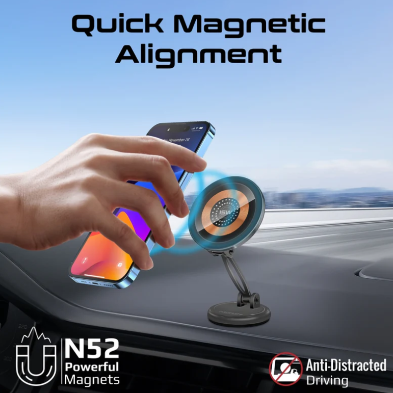 Magnus2 - QI, Magnetic Wireless Car Charger, Ultra-Fast MagSafe Transparent Charger with 15W Output, Height Adjustment, 360 Degree Rotation, and Cradleless Design for iPhone