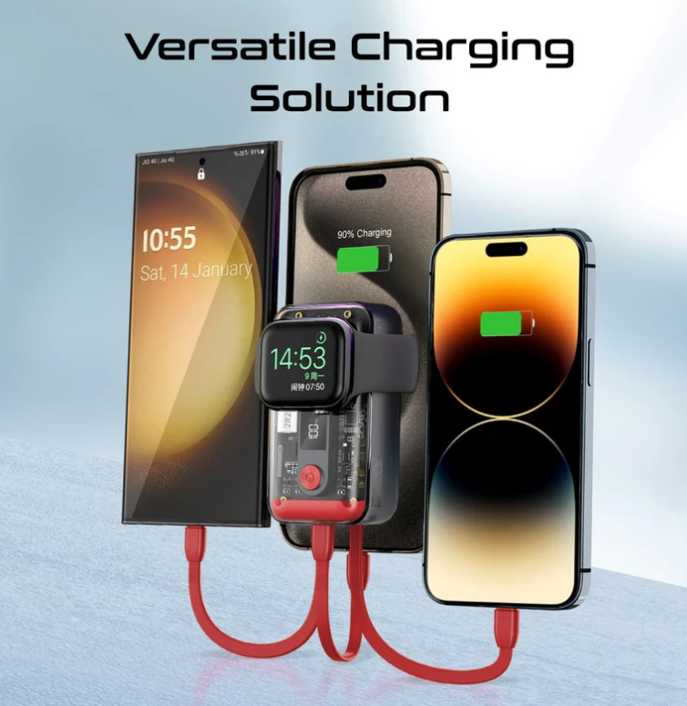 Mavrix, 10000mAh Power Bank with Cable & Wireless Apple Watch Charger | Universal Power Bank with 35W Type-C PD Cable, Lightning Cable, TypeC In/Out Port for iPhone, Android