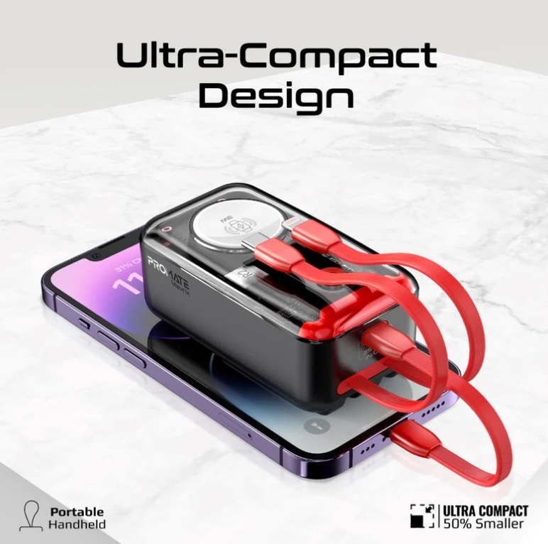Mavrix, 10000mAh Power Bank with Cable & Wireless Apple Watch Charger | Universal Power Bank with 35W Type-C PD Cable, Lightning Cable, TypeC In/Out Port for iPhone, Android