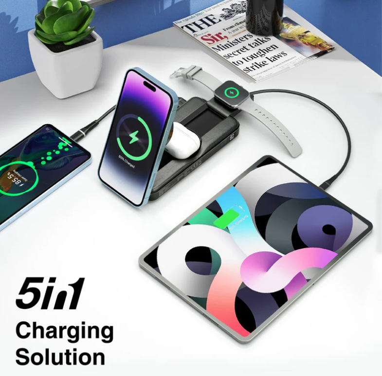 Powerpack-Fold 5 in 1 Magsafe Power Bank, 10000mah 15W Foldable Wireless Powerbank - iPhone 15/15+/15 Pro/15 Pro Max, 14/14+/14 Pro/Max, Apple Watch, Air Pods, 18W USB QC 3.0 Port, 20W USB-C