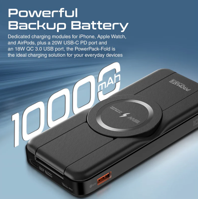 Powerpack-Fold 5 in 1 Magsafe Power Bank, 10000mah 15W Foldable Wireless Powerbank - iPhone 15/15+/15 Pro/15 Pro Max, 14/14+/14 Pro/Max, Apple Watch, Air Pods, 18W USB QC 3.0 Port, 20W USB-C