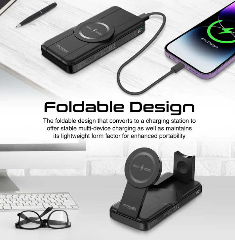 Powerpack-Fold 5 in 1 Magsafe Power Bank, 10000mah 15W Foldable Wireless Powerbank - iPhone 15/15+/15 Pro/15 Pro Max, 14/14+/14 Pro/Max, Apple Watch, Air Pods, 18W USB QC 3.0 Port, 20W USB-C