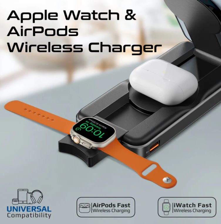 Powerpack-Fold 5 in 1 Magsafe Power Bank, 10000mah 15W Foldable Wireless Powerbank - iPhone 15/15+/15 Pro/15 Pro Max, 14/14+/14 Pro/Max, Apple Watch, Air Pods, 18W USB QC 3.0 Port, 20W USB-C
