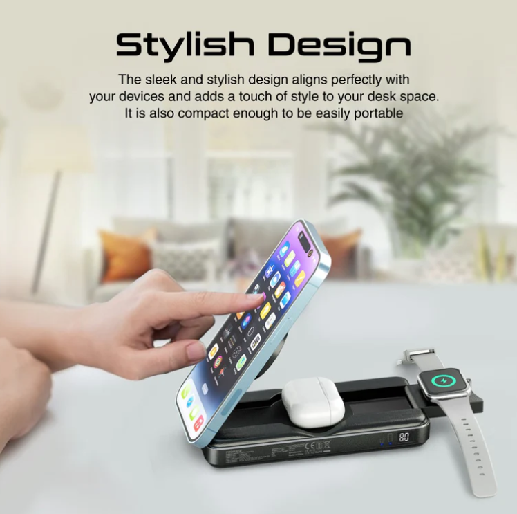 Powerpack-Fold 5 in 1 Magsafe Power Bank, 10000mah 15W Foldable Wireless Powerbank - iPhone 15/15+/15 Pro/15 Pro Max, 14/14+/14 Pro/Max, Apple Watch, Air Pods, 18W USB QC 3.0 Port, 20W USB-C