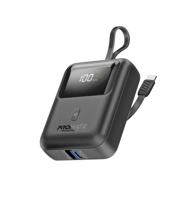 Powerpod-10 Power Bank 10000mAh, Ultra-Compact Portable Charger with Built-in 35W USB-C™ Cable, 35W PD Type-C Port and 18W USB-A QC 3.0 Port Power Bank for iPhone and Android
