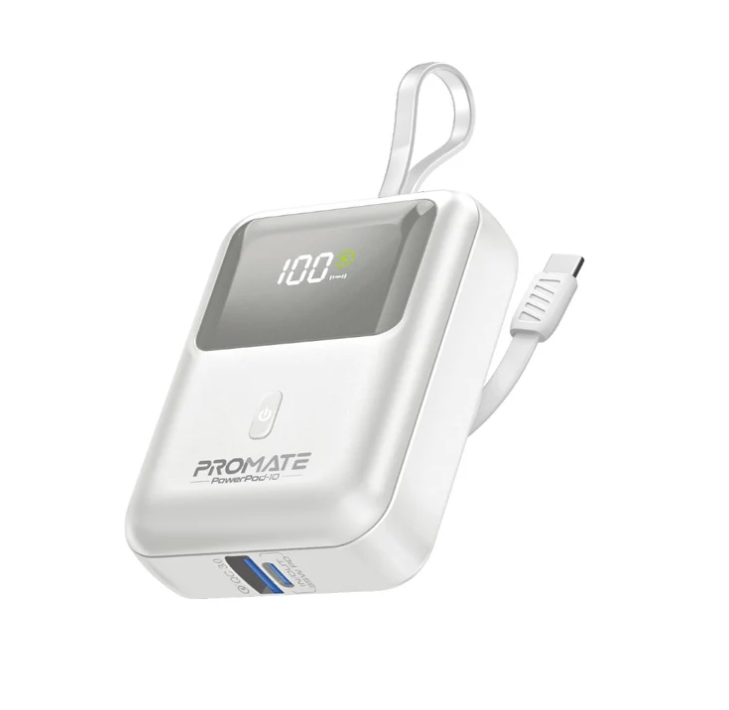 Powerpod-10 Power Bank 10000mAh, Ultra-Compact Portable Charger with Built-in 35W USB-C™ Cable, 35W PD Type-C Port and 18W USB-A QC 3.0 Port Power Bank for iPhone and Android