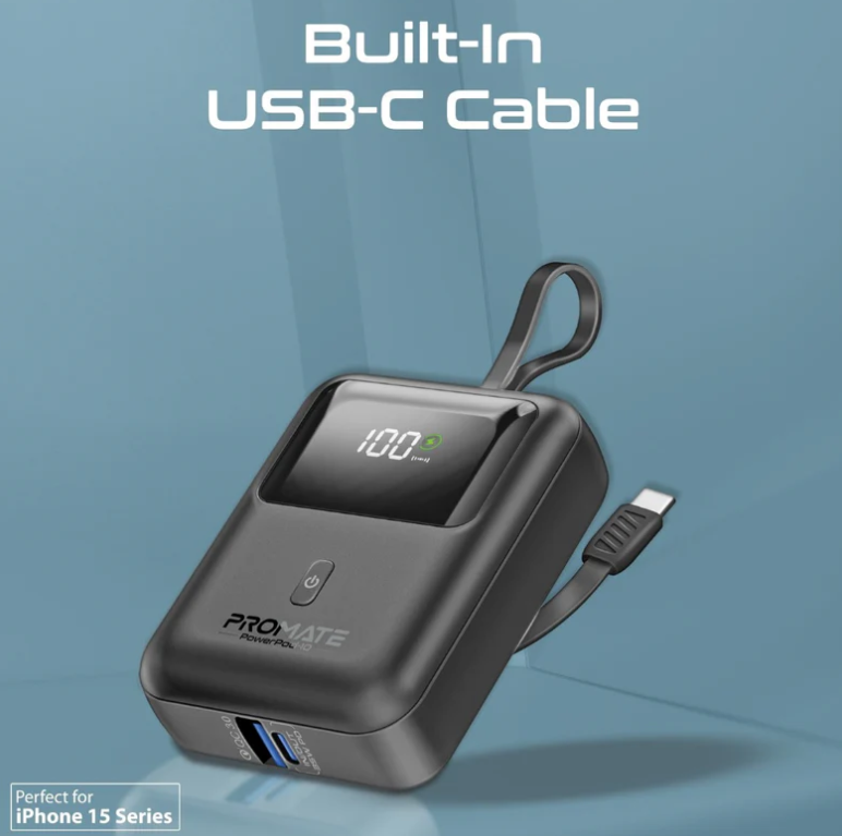 Powerpod-10 Power Bank 10000mAh, Ultra-Compact Portable Charger with Built-in 35W USB-C™ Cable, 35W PD Type-C Port and 18W USB-A QC 3.0 Port Power Bank for iPhone and Android
