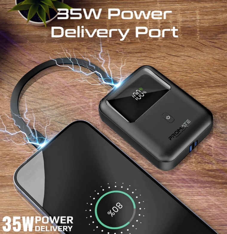 Powerpod-10 Power Bank 10000mAh, Ultra-Compact Portable Charger with Built-in 35W USB-C™ Cable, 35W PD Type-C Port and 18W USB-A QC 3.0 Port Power Bank for iPhone and Android