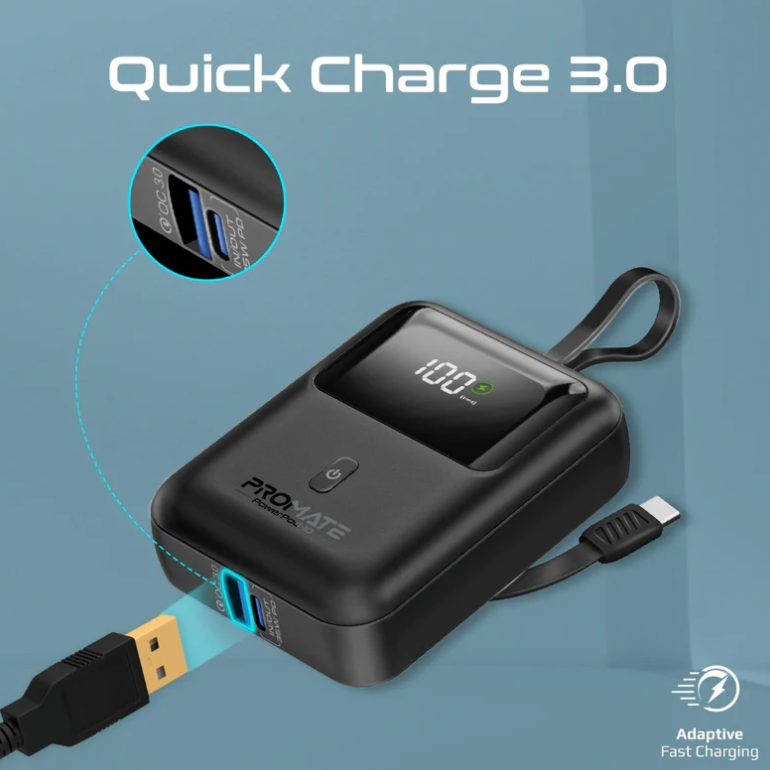 Powerpod-10 Power Bank 10000mAh, Ultra-Compact Portable Charger with Built-in 35W USB-C™ Cable, 35W PD Type-C Port and 18W USB-A QC 3.0 Port Power Bank for iPhone and Android