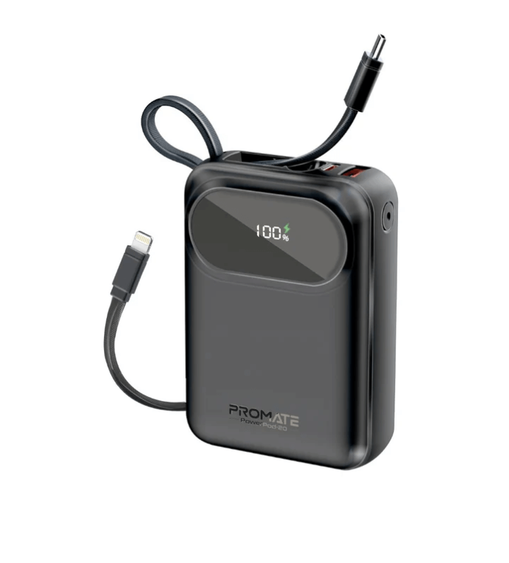 Powerpod 20 Ultra-Compact Powerbank with Built-in Cable (35W Type-C and 27W Lightning Cables), 35W Type-C PD, 22.5W QC 3.0 Port and LED for iPhone and Android