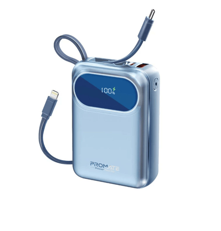 Powerpod 20 Ultra-Compact Powerbank with Built-in Cable (35W Type-C and 27W Lightning Cables), 35W Type-C PD, 22.5W QC 3.0 Port and LED for iPhone and Android