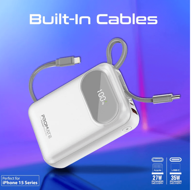 Powerpod 20 Ultra-Compact Powerbank with Built-in Cable (35W Type-C and 27W Lightning Cables), 35W Type-C PD, 22.5W QC 3.0 Port and LED for iPhone and Android
