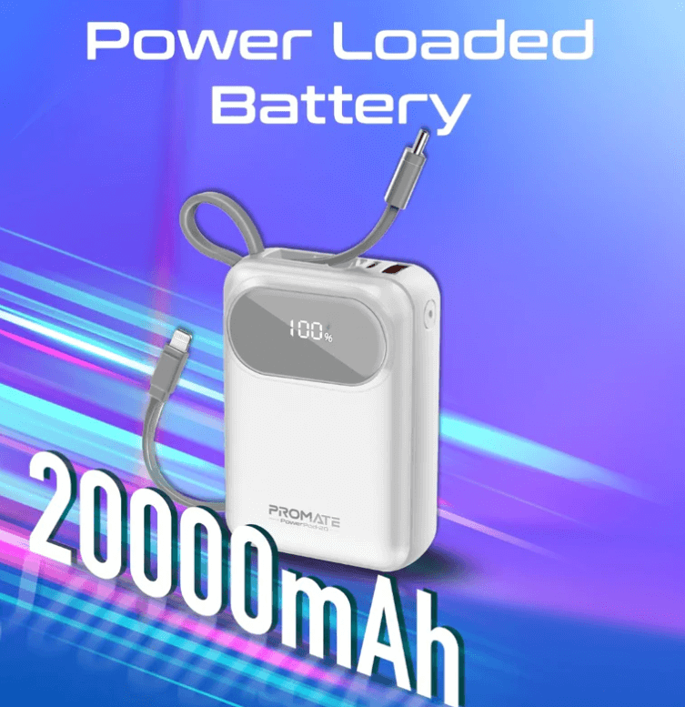 Powerpod 20 Ultra-Compact Powerbank with Built-in Cable (35W Type-C and 27W Lightning Cables), 35W Type-C PD, 22.5W QC 3.0 Port and LED for iPhone and Android