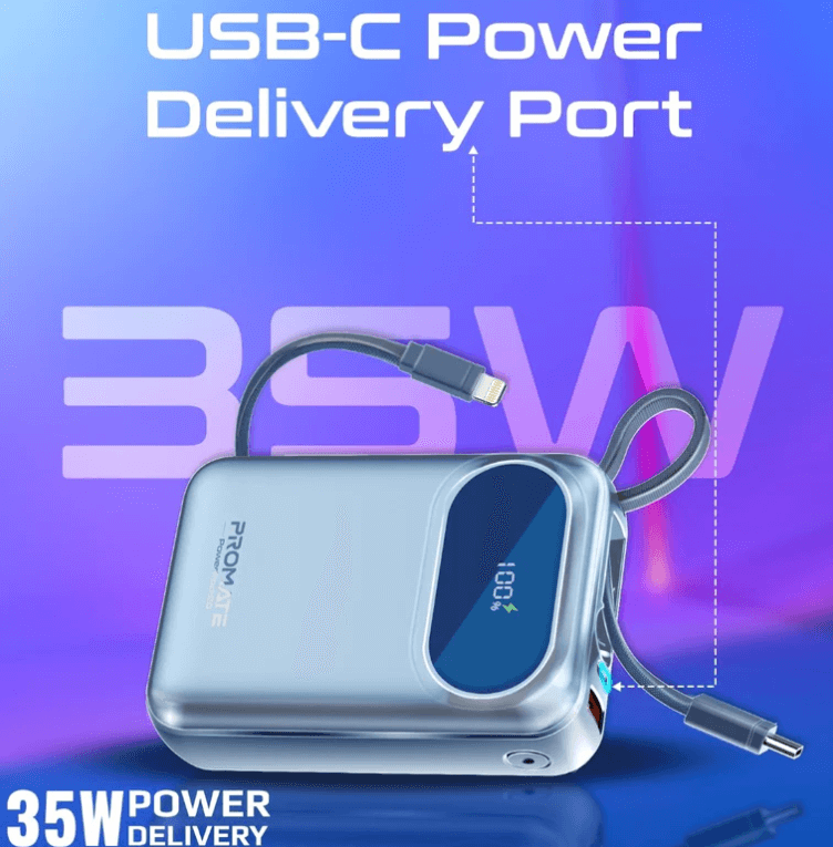 Powerpod 20 Ultra-Compact Powerbank with Built-in Cable (35W Type-C and 27W Lightning Cables), 35W Type-C PD, 22.5W QC 3.0 Port and LED for iPhone and Android