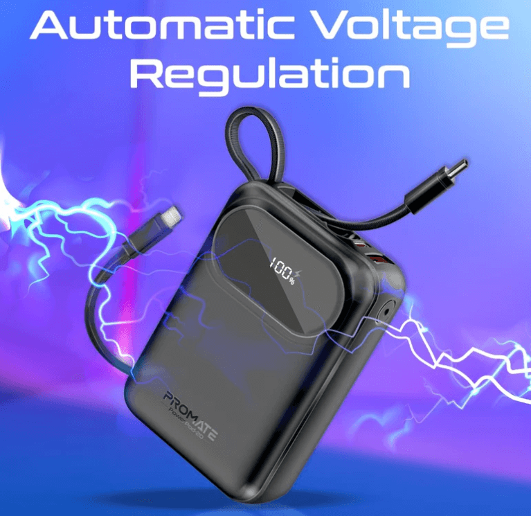 Powerpod 20 Ultra-Compact Powerbank with Built-in Cable (35W Type-C and 27W Lightning Cables), 35W Type-C PD, 22.5W QC 3.0 Port and LED for iPhone and Android