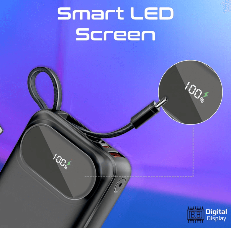 Powerpod 20 Ultra-Compact Powerbank with Built-in Cable (35W Type-C and 27W Lightning Cables), 35W Type-C PD, 22.5W QC 3.0 Port and LED for iPhone and Android