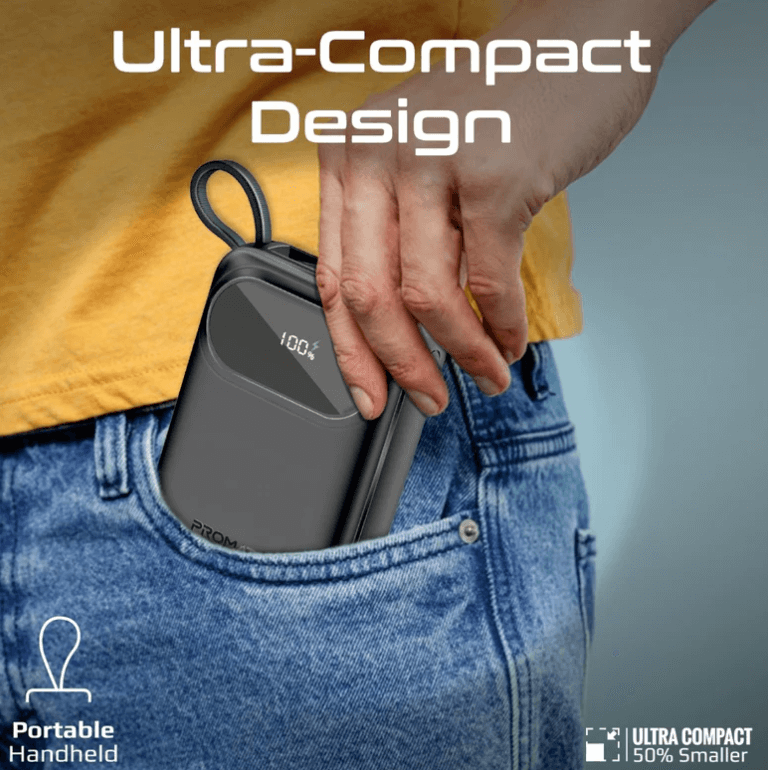 Powerpod 20 Ultra-Compact Powerbank with Built-in Cable (35W Type-C and 27W Lightning Cables), 35W Type-C PD, 22.5W QC 3.0 Port and LED for iPhone and Android