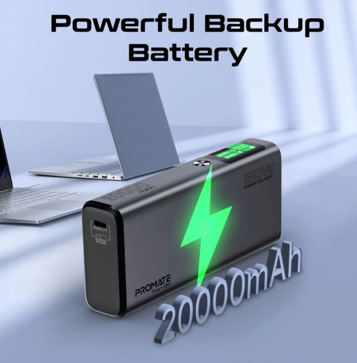 Titan 130 130W Laptop & Mobile Power Bank (20000mAh) | Smart TFT LCD Screen, USB-A QC 3.0, Dual Type-C Input/Output Ports, Over-Heating Protection | Power Bank for Laptop, iPhone and Android
