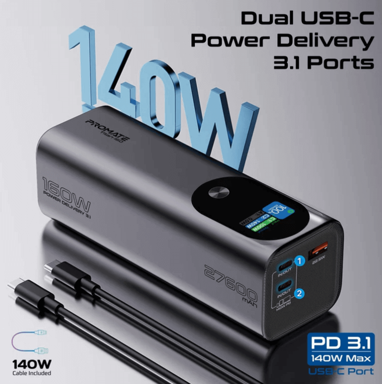 Titan 160, 160W Laptop & Mobile Power Bank (27600mAh) | Smart TFT LCD Screen, USB-A QC 3.0, Dual Type-C Input/Output Ports, Over-Heating Protection | Power Bank for Laptop, iPhone and Android, Titan-160
