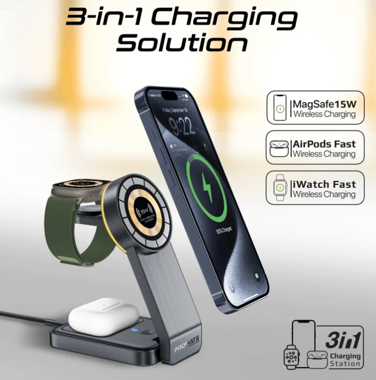 Transfold, 3 in 1 Wireless Charger, 23 W Foldable Magnetic Mag Safe Charger for iPhone 15/15 Plus/15 Pro/15 Pro Max, iPhone 14/14 Plus/14 Pro/Max, 13/12/11, Apple Watch, Air Pods, Black