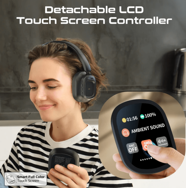 Vutune,  Headphones with,Hybrid Active Noise Cancellation, Detachable Magnetic LCD Touch Screen Controller, 50-Hour Playtime, Dual-Mode Connectivity, and Foldable Headband
